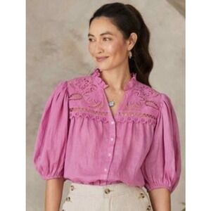 Sundance Dianna Lace Pink Blouse Top Sz XS Button Up Blouson Sleeve Boho Peasant